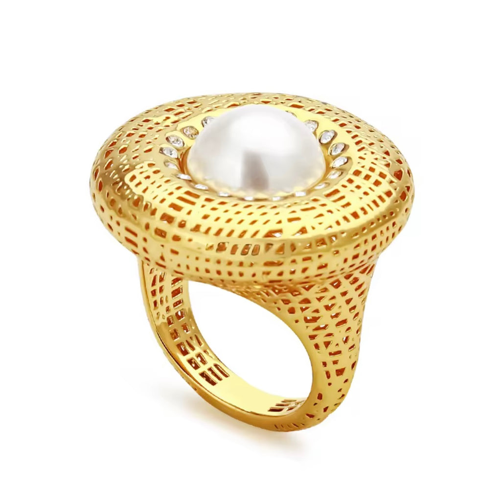 3D Hollow Gold pearl and Gemstone Ring