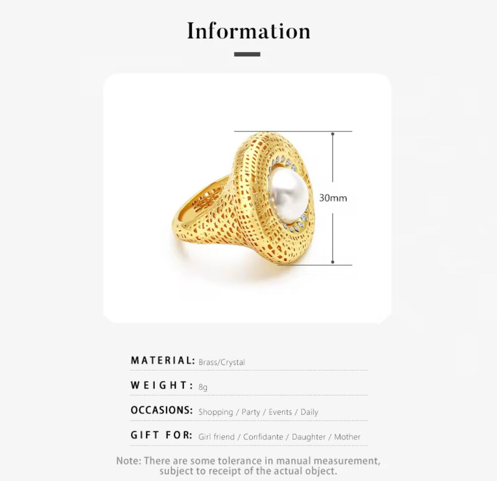 3D Hollow Gold pearl and Gemstone Ring