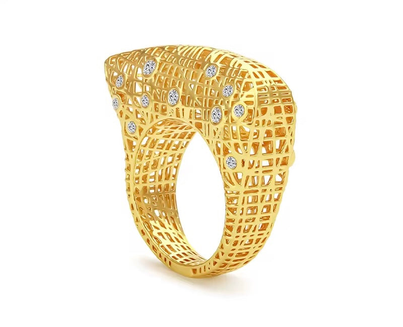 3D Hollow Gold Architectural Gemstone Ring