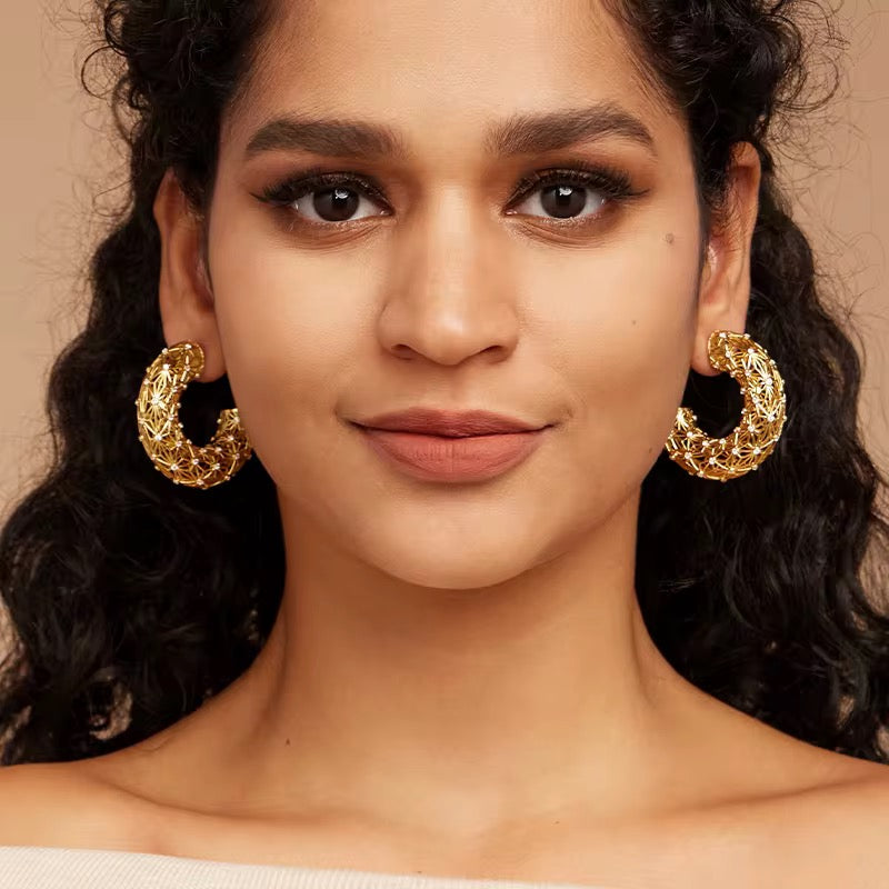 3D Hollow Gold Gemstone Earring