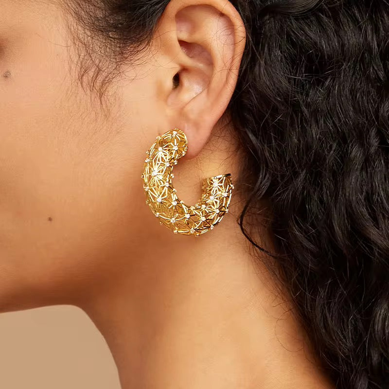 3D Hollow Gold Gemstone Earring