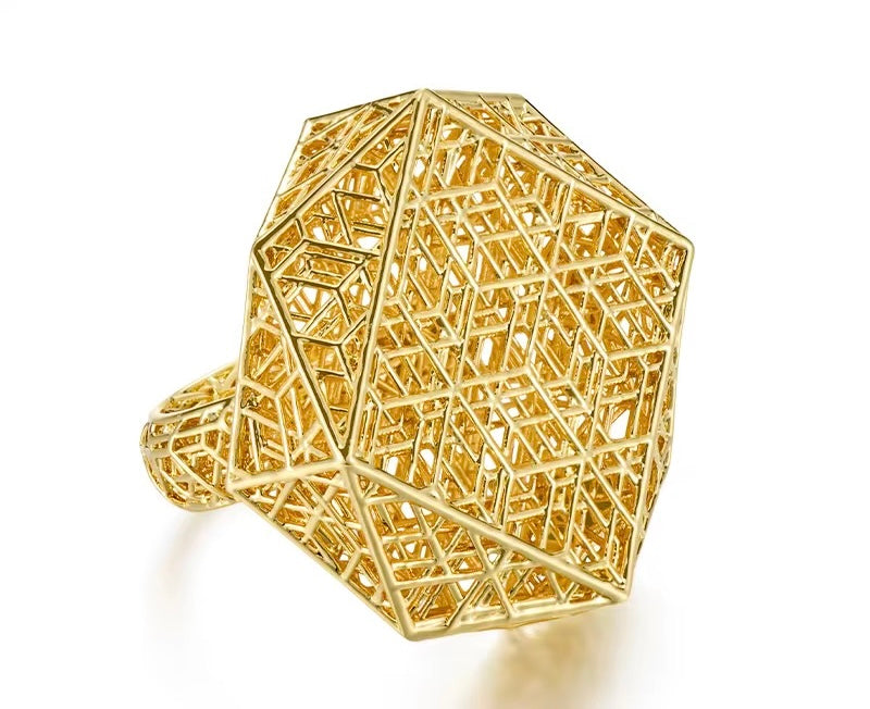 3D hollow Gold Geometric Statement Ring