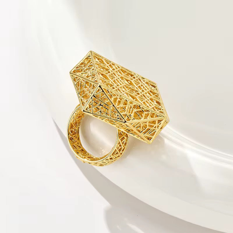 3D hollow Gold Geometric Statement Ring