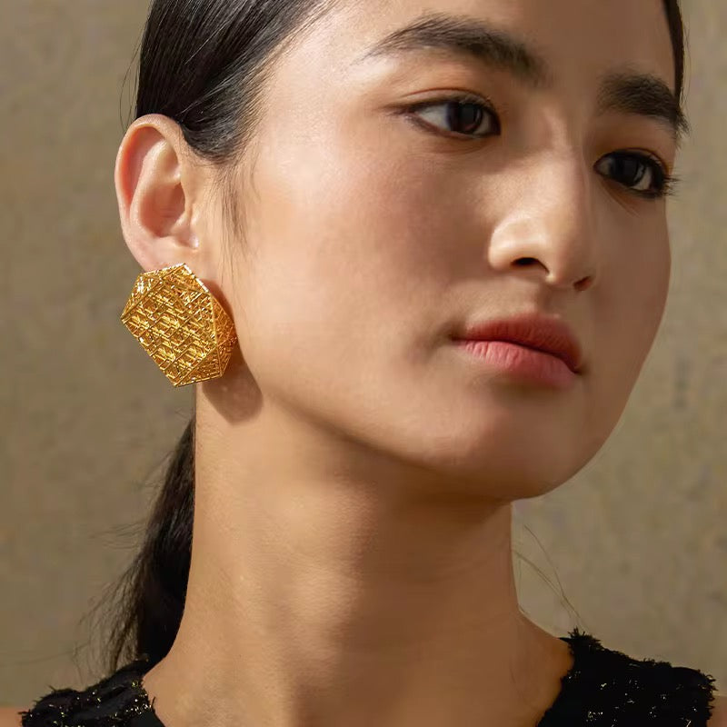 3D Hollow Gold Geometric Earrings